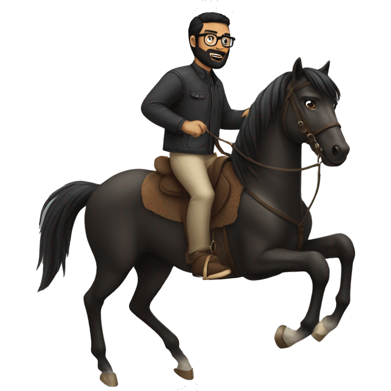 a black haired guy who has a beard and glasses riding a horse  emoji