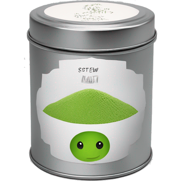 matcha scented candle in a silver tin with a small white label realistic emoji