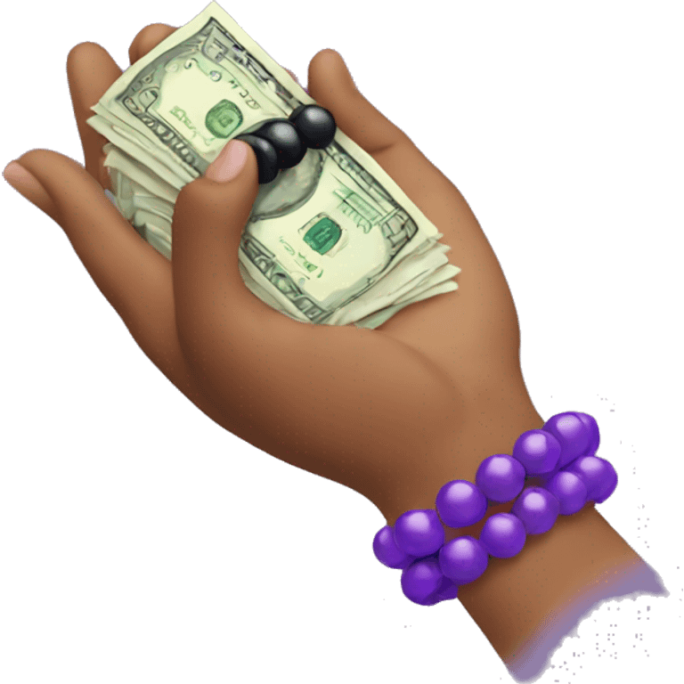 hand with purple bead bracelet holding money emoji