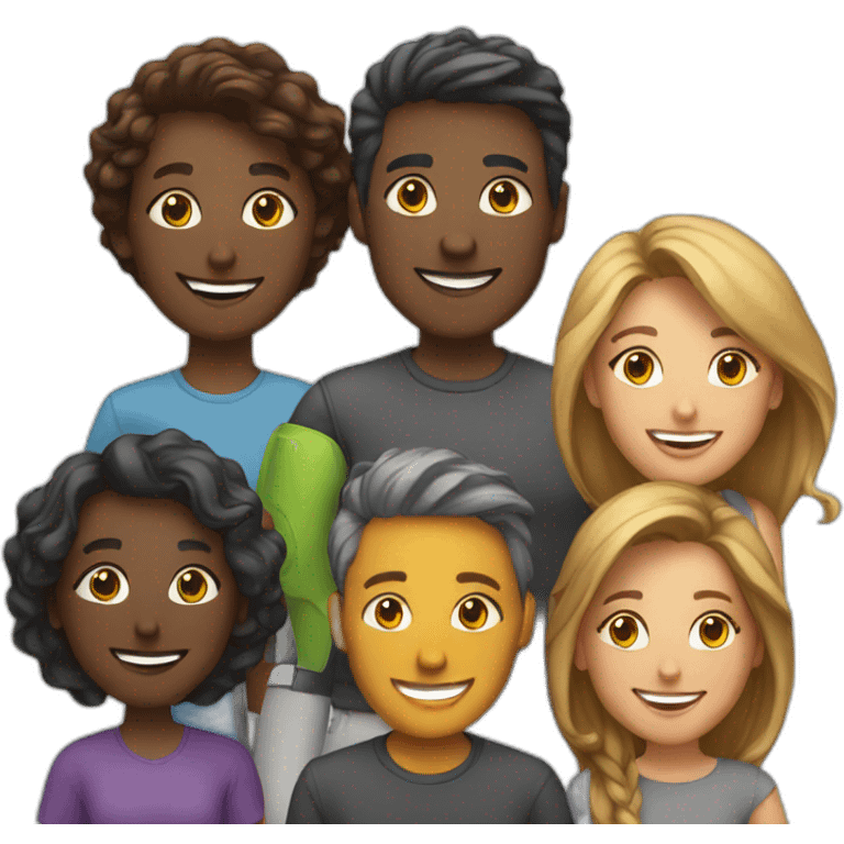 happy team in tech world, 6 people emoji