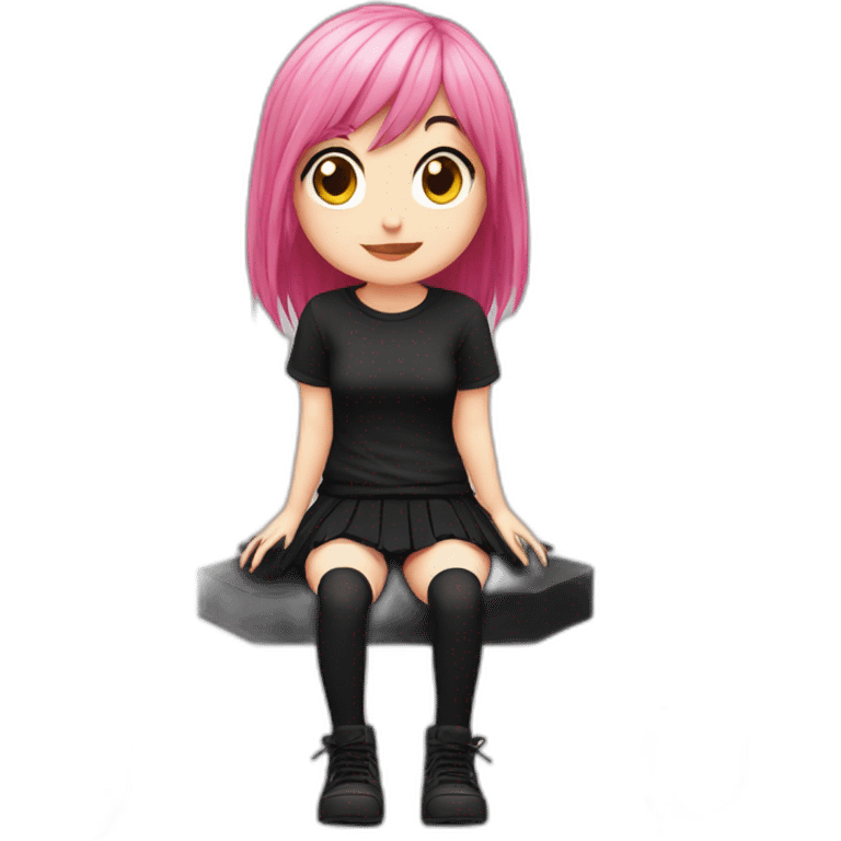 Full body Front view curvy emo girl pink hair sits on the floor straight view hands up black skirt белые трусики полосатые рваные чулки emoji