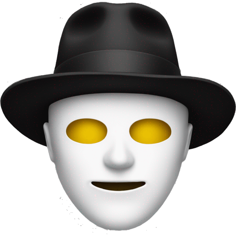 A person in a white mask with yellow eyes and a black hat emoji