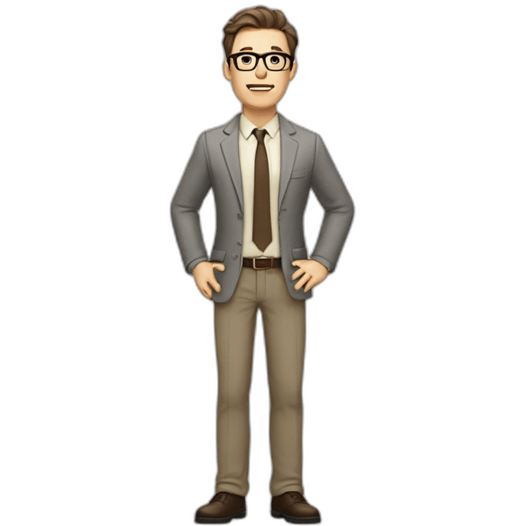 Full height Gesticulating Pale skinned fit man with dark brown hair in gray jacket, beige office shirt, brown tie, brown pants and vintage glasses. emoji