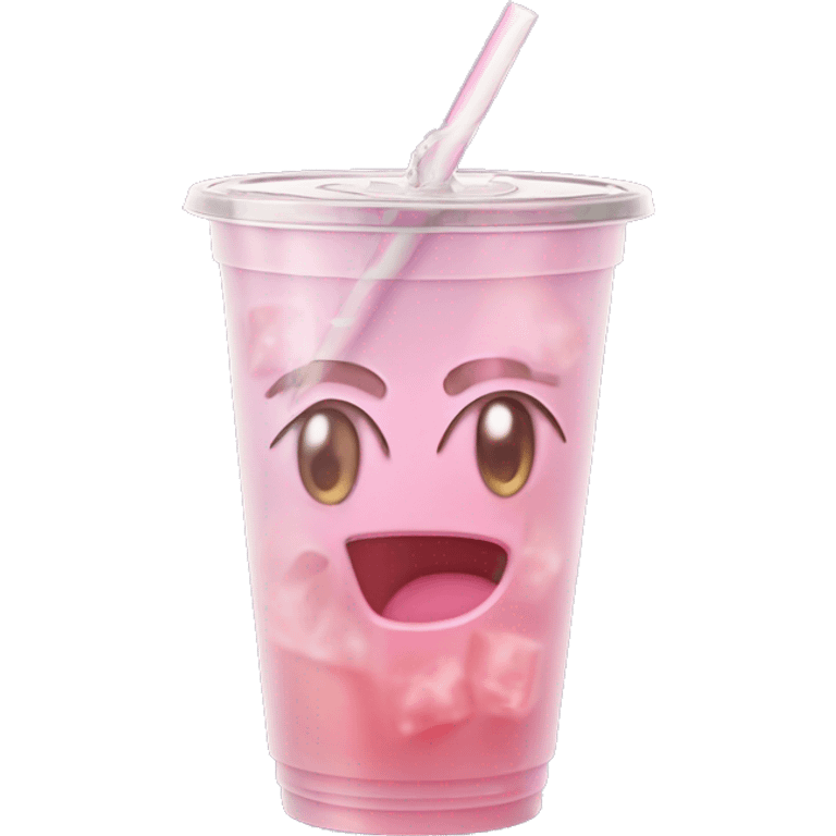 Realistic plastic cup and lid with Transluscent light pink soda and large ice cubes inside and one straw through the top of the lid. emoji