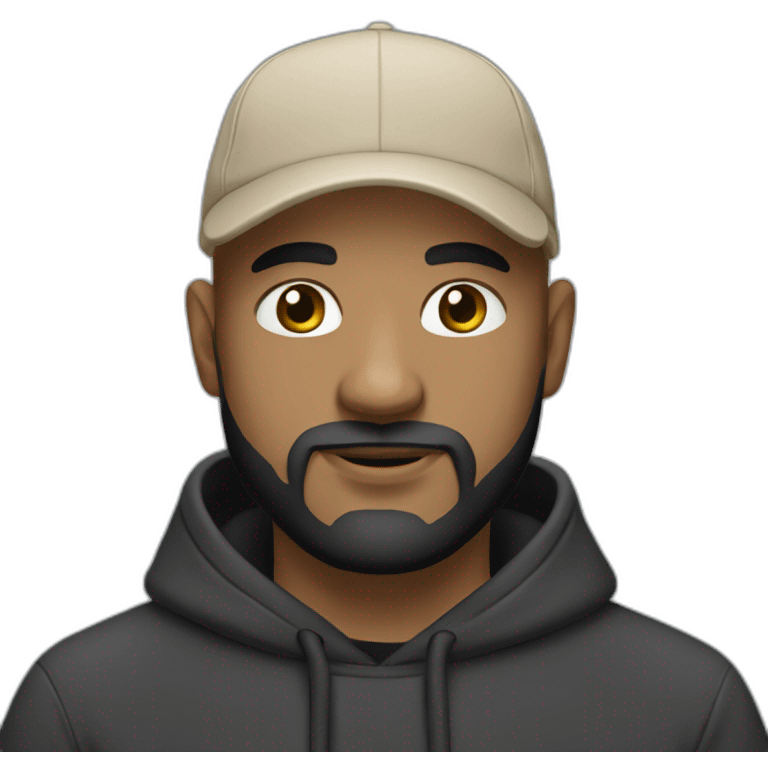 bald man with black (short) beard and no glasses in a black hoodie wearing a light beige cap emoji