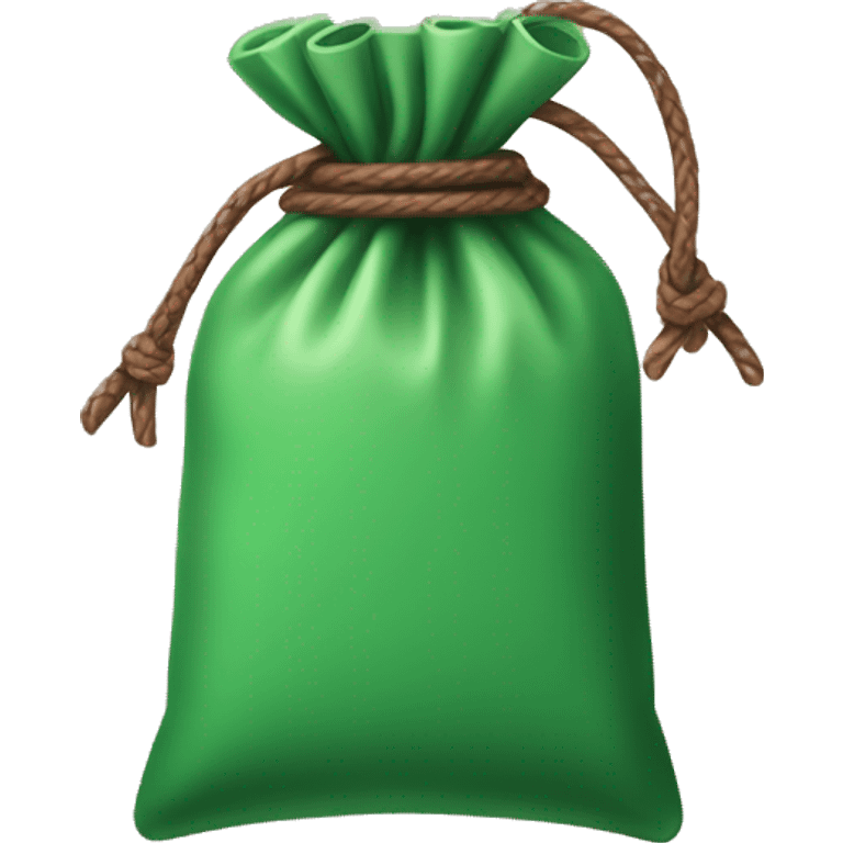 hand holding up a green pouch that is tied with brown string emoji