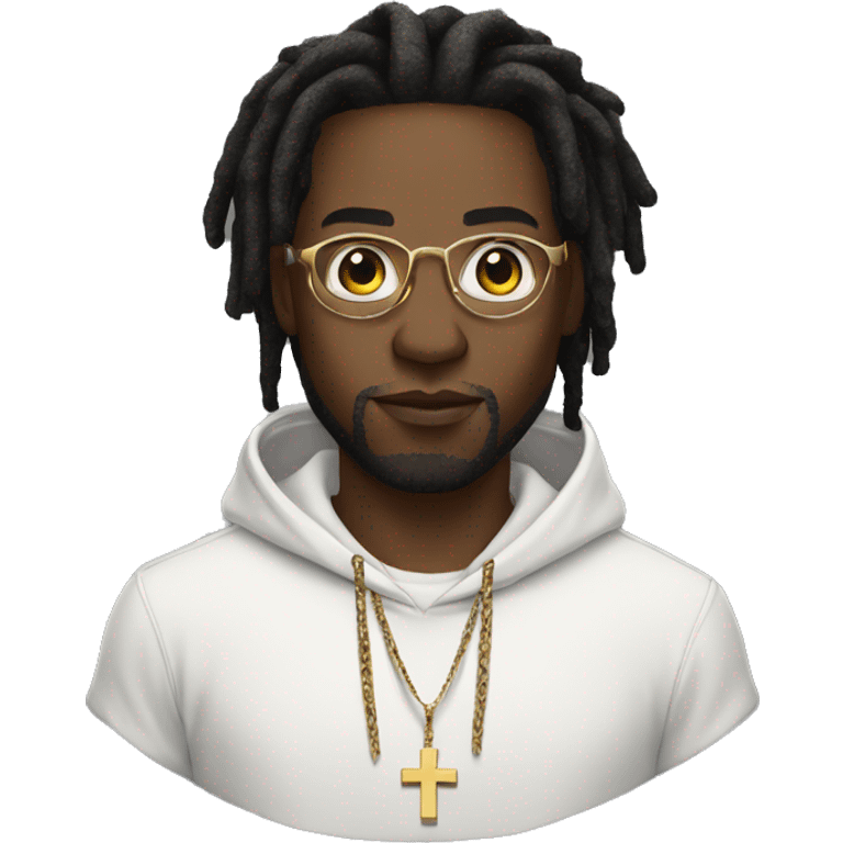 black man with white hoodie with a small silver cross pendant wearing gold glasses with freeform dreads emoji