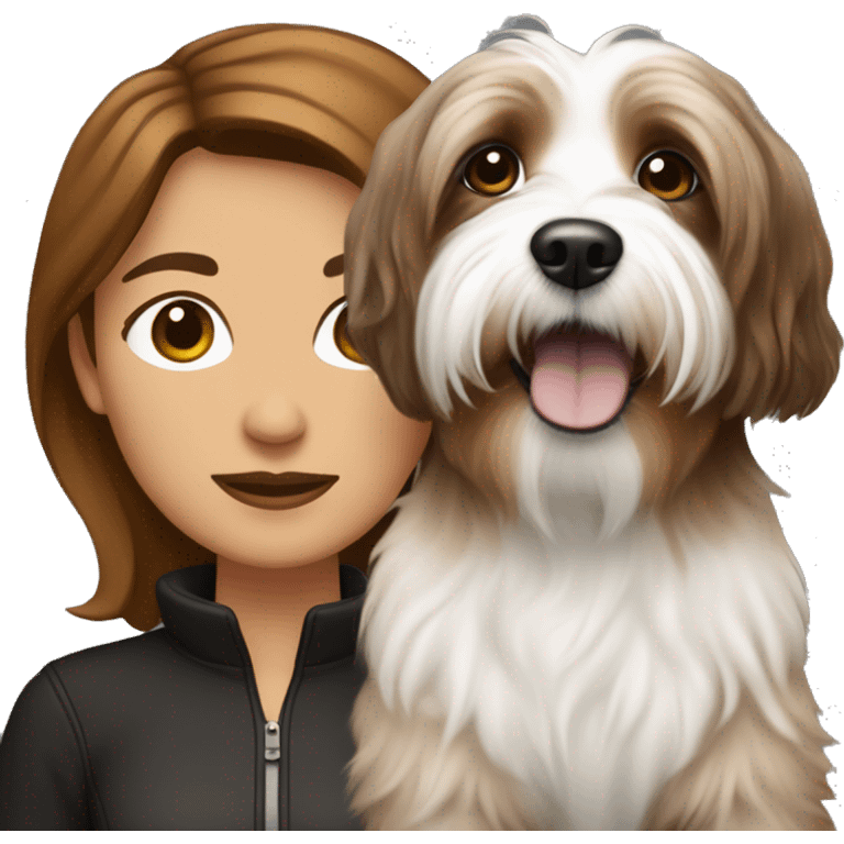 caramel skinned middle aged woman with brown hair, with black and white havanese dog emoji