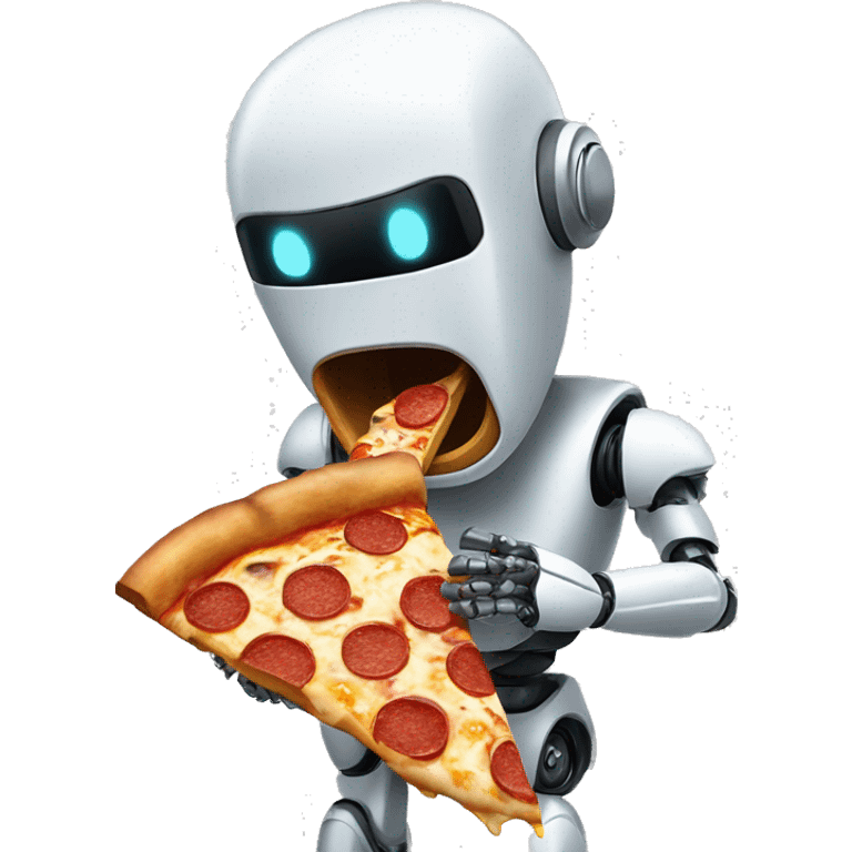 A robot eating a slice of pizza with oil dripping from its mouth. emoji