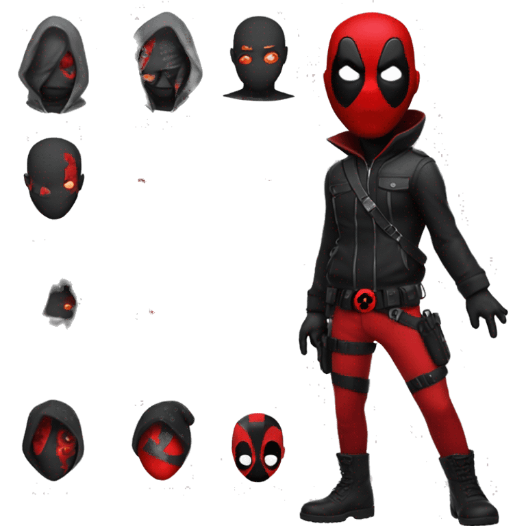 An invisible boy with a black jacket with red details with a hood with Deadpool's face red pants with black details black shoes emoji