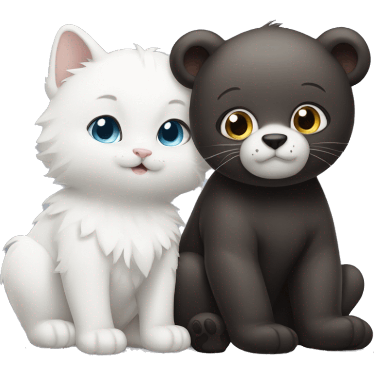 A bear cub with a white cat with black ears and forehead  emoji