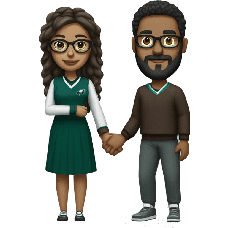 Brown guy with beard mustache and brown girl with glasses and her hair in a bun in Philadelphia eagles clothes holding hands emoji