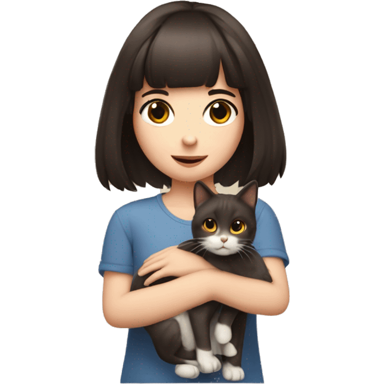 A pale girl with dark brown hair and dark brown eyes and bangs holds a cat in her hands and looks at her emoji