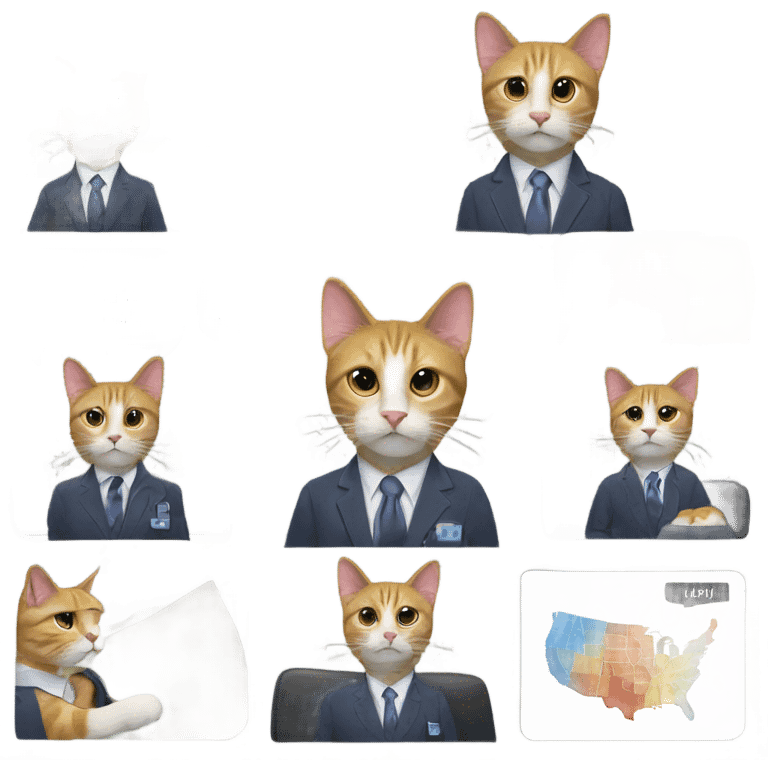 A cat sitting in a business suit, mid-powerpoint presentation, with the slide titled ‘Why Dogs Are Overrated. emoji