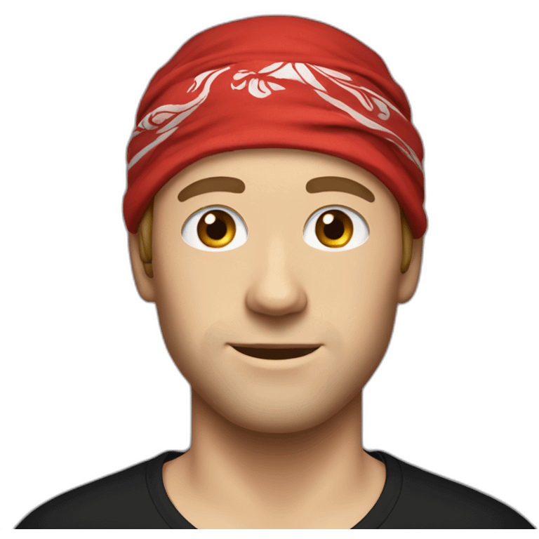 White man in a black T-shirt and a red bandana emoji