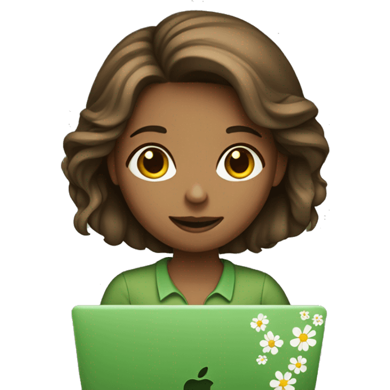 Brown hair girl with a green shirt with a flower on it working on a MacBook  emoji