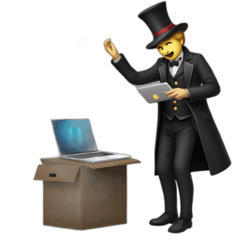 magician programming a laptop with an emoji of an idling truck on the screen emoji