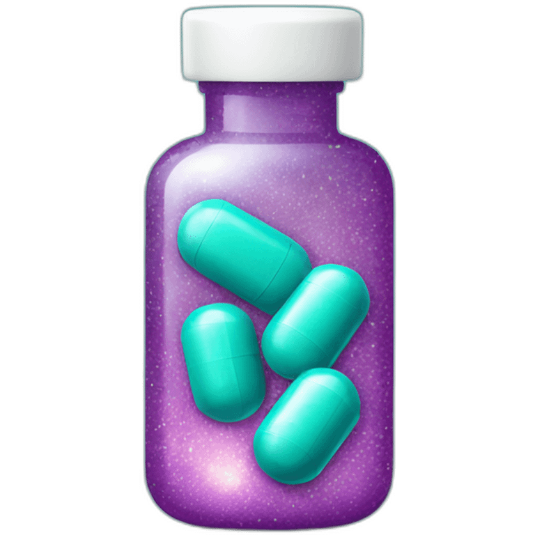 pill bottle with teal medicine capsule, sparkles and texture emoji