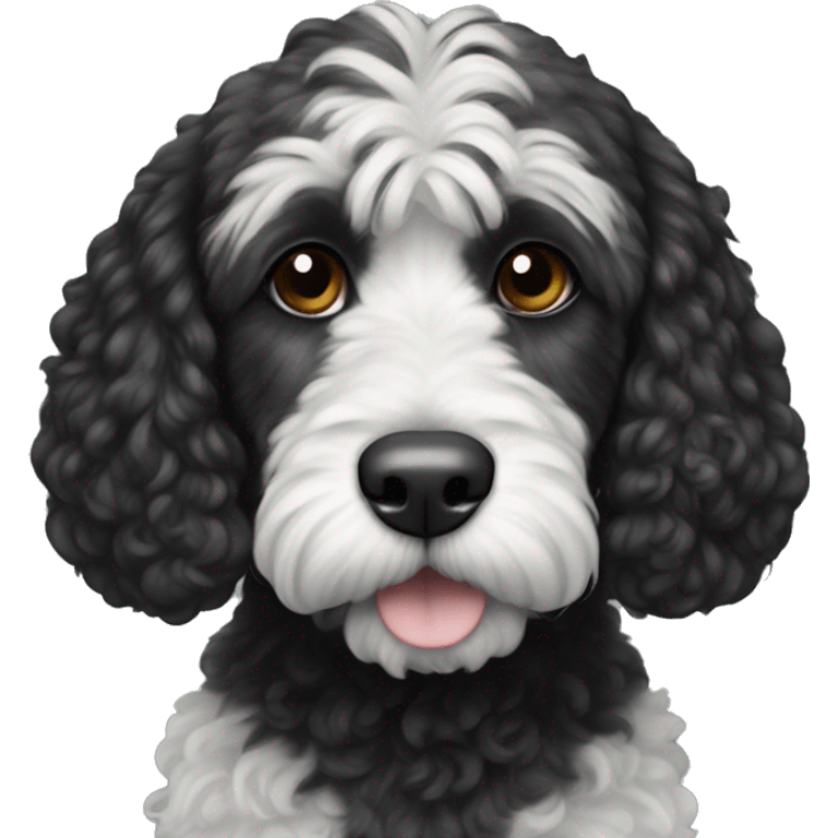 Black cockapoo dog with a white big stripe from the chin to the belly. The moustache is also black emoji