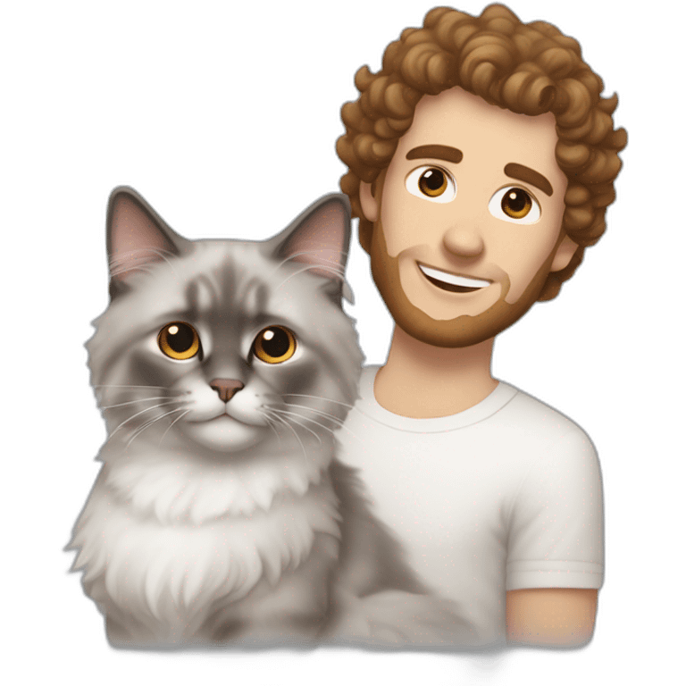 White man with brown curly hair, brown eyes, thick eyebrows, sharp jawline, bigger nose holding white and grey Ragdoll cat emoji