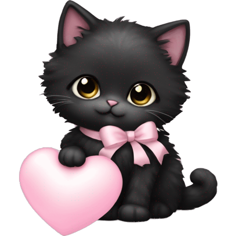 black fluffy fat kitten with pale pink bow holding a pale pink heart emoji