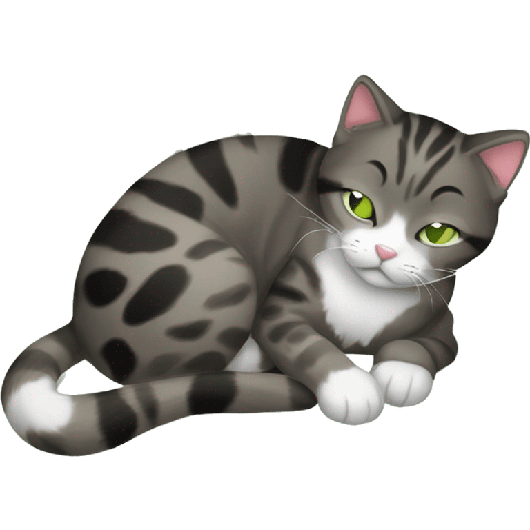 Sleeping Dark brown and black and dark grey tabby dark brown black spotted with white paws cat with brown-green eyes and white neck emoji