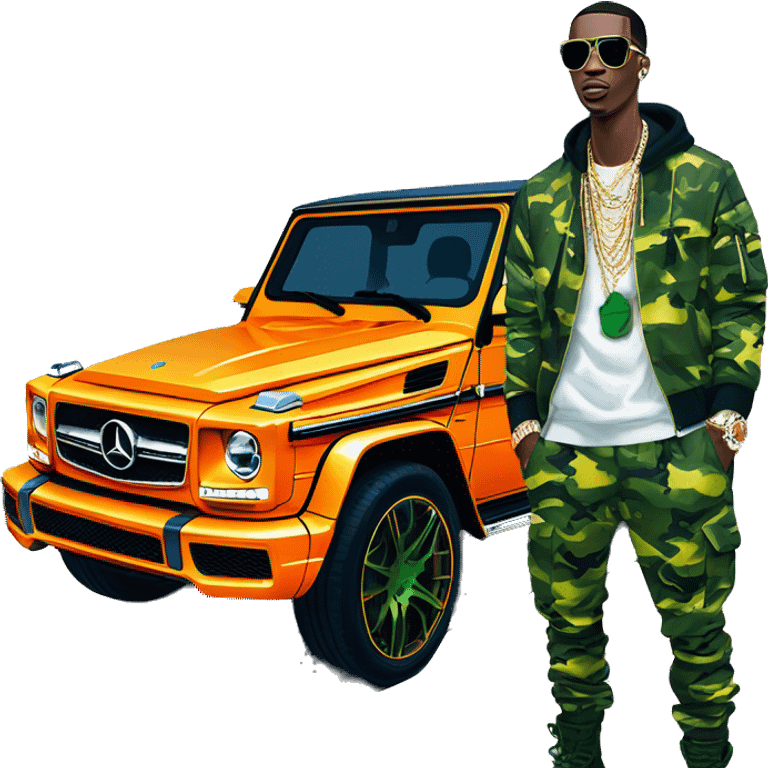 rapper,Young Dolph luxury clothes,blue diamond chain on,near his car, just opened drivers side car door to his all orange and green colored,whole car painted army camouflage, Mercedes G Wagon emoji