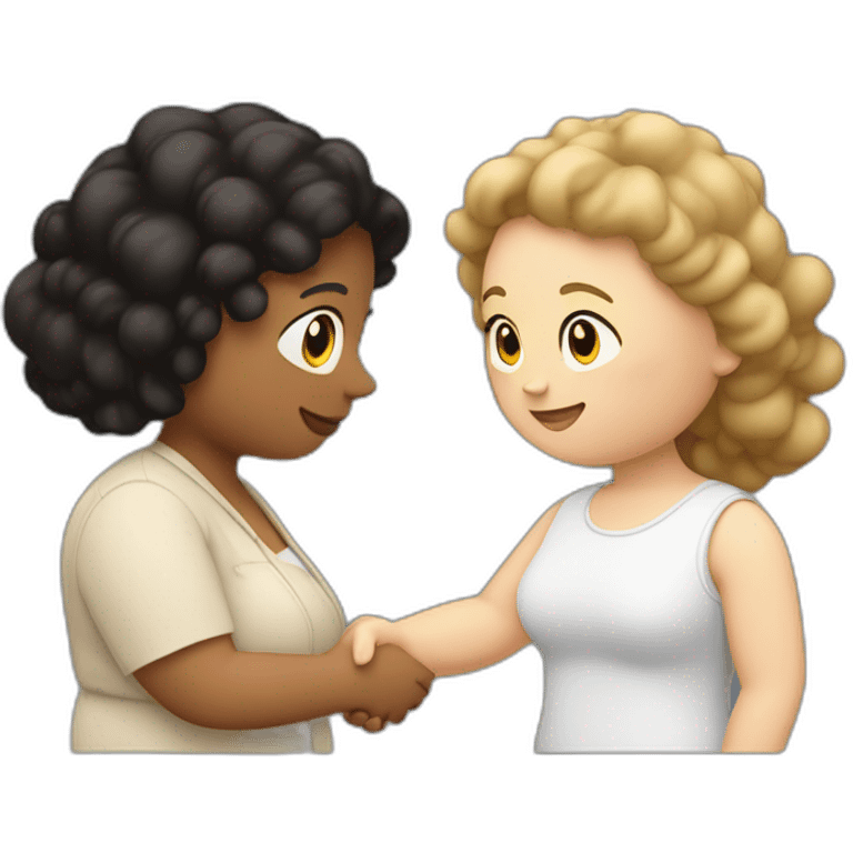 tan chubby woman with black curly hair shakes hands with a chubby pale woman who has straight light brown hair emoji