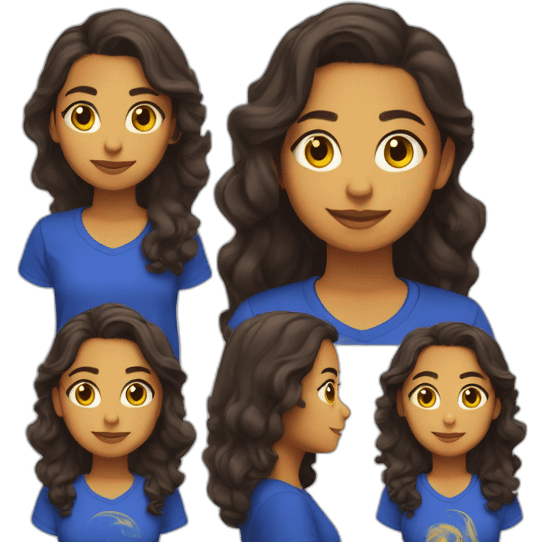 girl with wavy dark brown hair latina skin using a cobalt blue tshirt with a yellow lama print on the upper right side  emoji