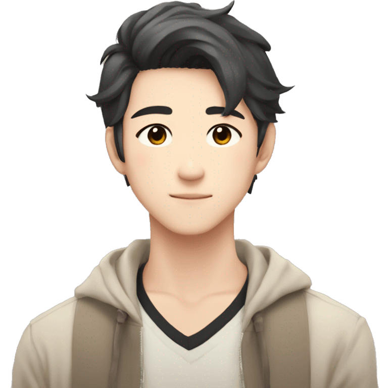 Gorgeous romantic Asian anime gentle man with blushing face aesthetic trending style outside emoji