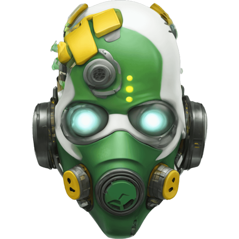 Green skin cyborg head with dark yellow Mohawk, white respirator mask and circuitry emoji