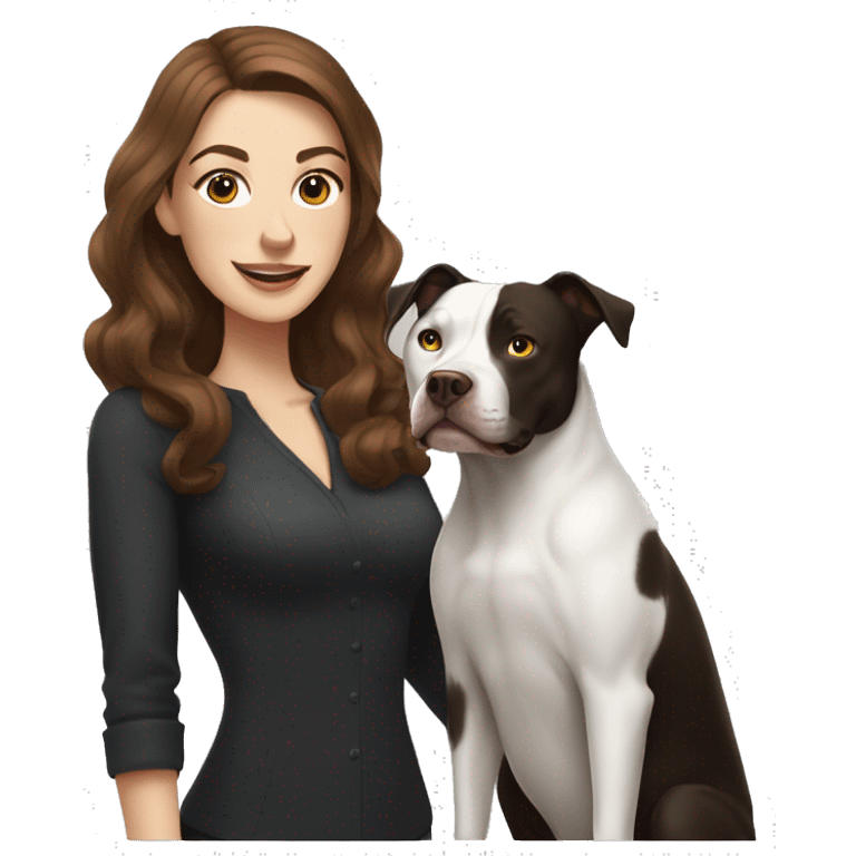 white woman with long brown hair and cat shaped eyes standing alongside a happy black pitbull  emoji