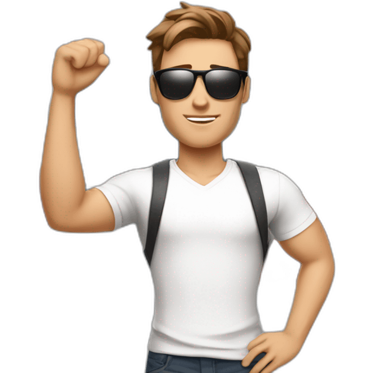 A young fit man with a white shirt and sunglasses on his hair with brown hair and a French flag in his hand emoji