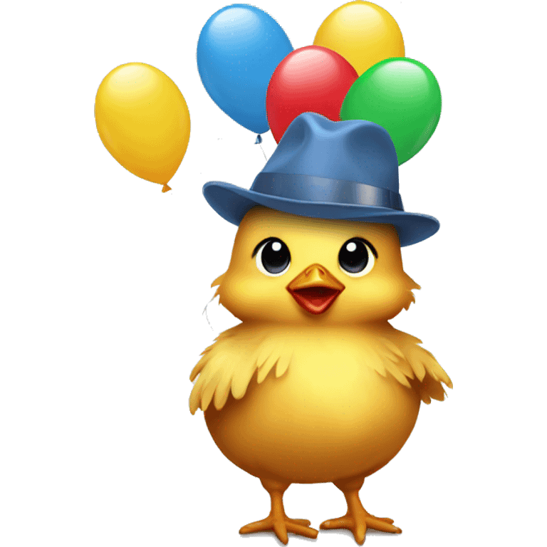 Baby chicken wearing hat holding balloon emoji