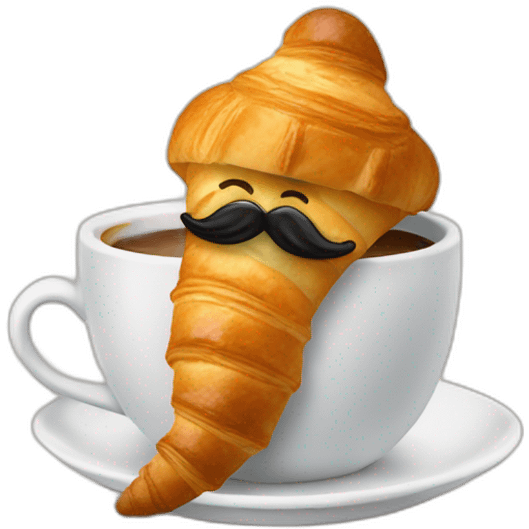 A croissant with a face with a mustache drinking a cup of coffee emoji