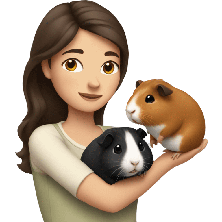 brunette woman hugging two guinea pigs emoji