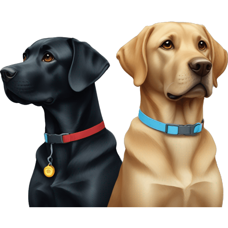 black-coloured labrador on the left with red collar, black-coloured labrador on the right with light blue collar. emoji