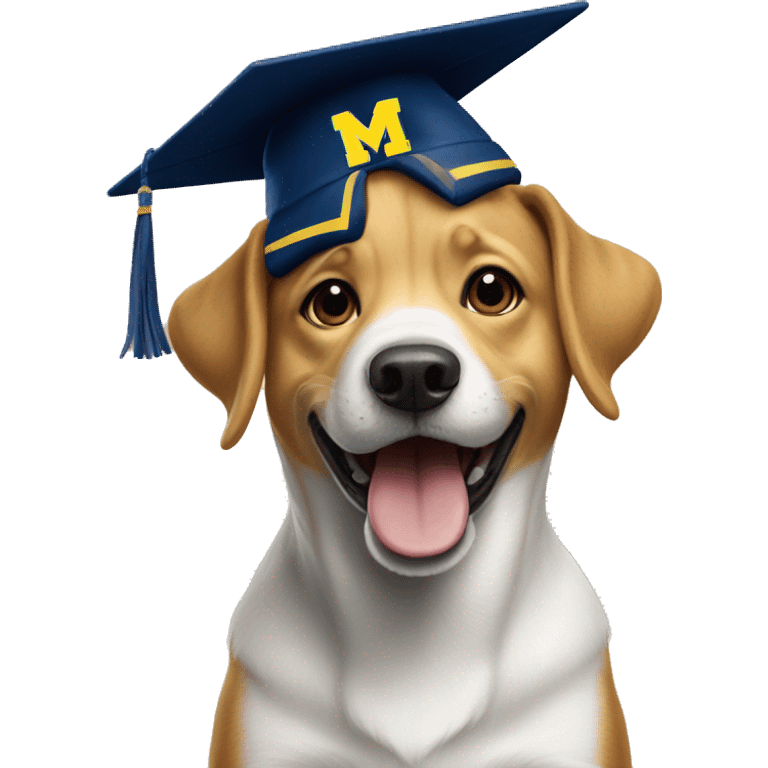 Happy dog wearing University of Michigan hat emoji