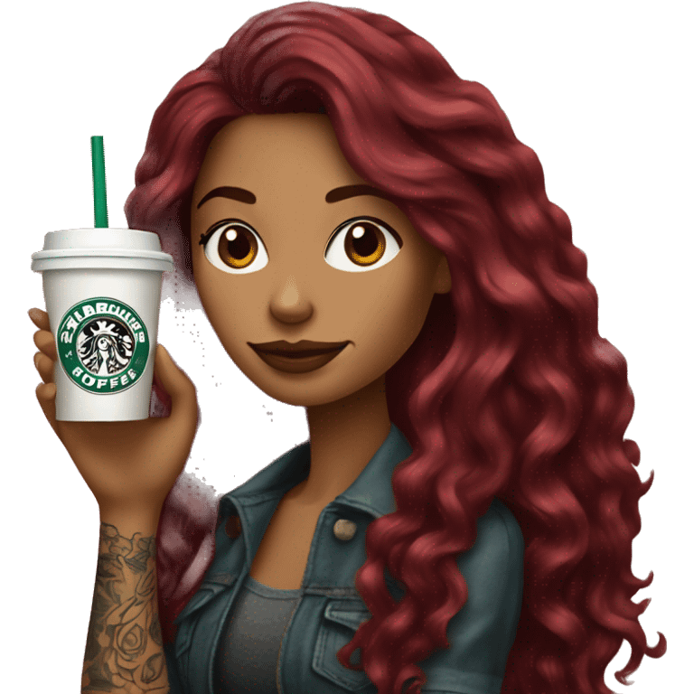 Beautiful tattooed  burgundy long haired woman holding a Starbucks drink emoji