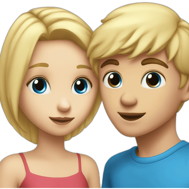 A blond boy with blue eyes who kisses a pretty blonde girl with blues eyes,  with a heart above their heads  emoji