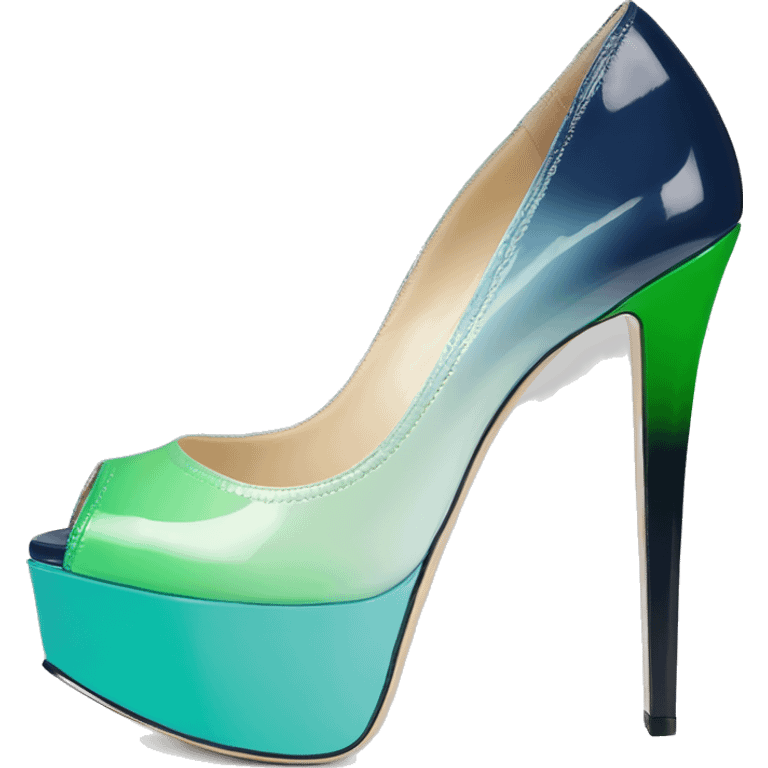 Realistic isolated top front view of a pair of emerald green,sky blue,mint green,lime green and navy blue ombre Jimmy Choo peep toe stiletto ankle booties. emoji