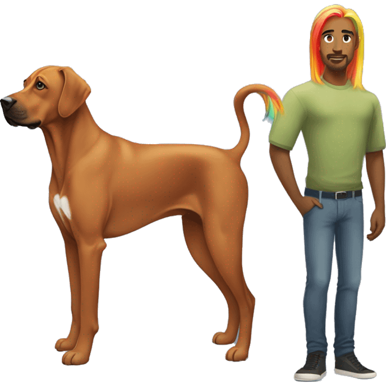 white male with long rainbow colored hair standing alongside a brown rhodesian ridgeback emoji