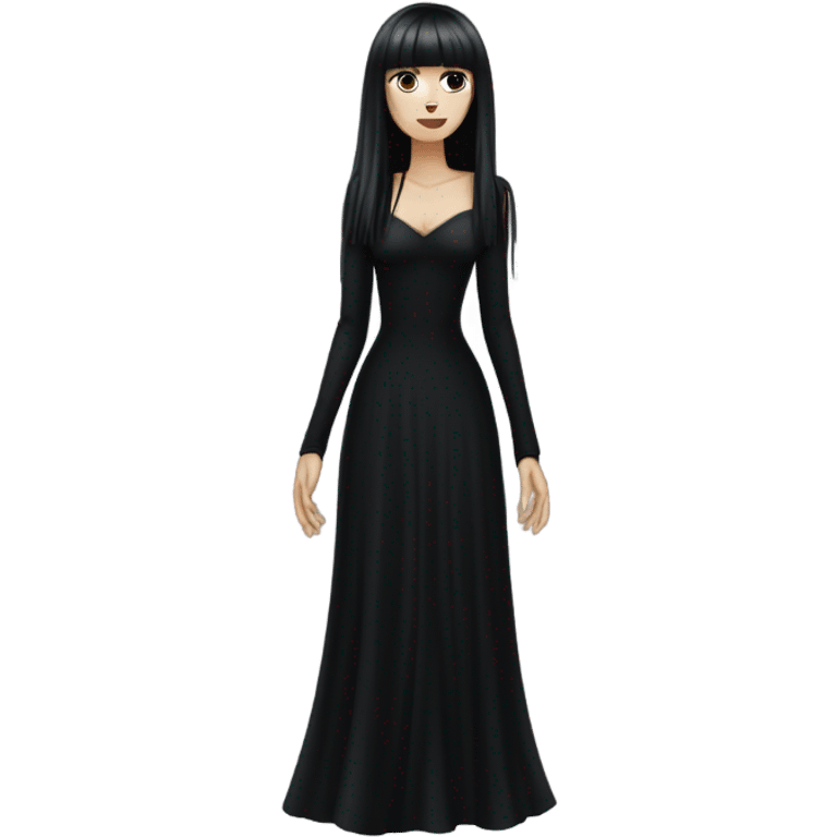  one single goth women full body, wearing long big bell arms, black dress, long hair with bangs, white skin, dark hair,  emoji