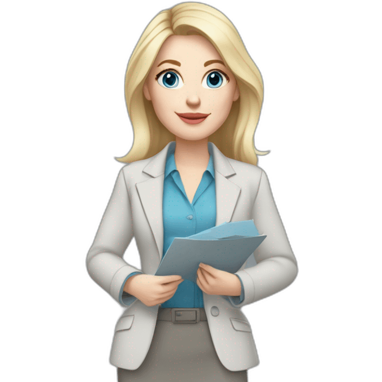 pale skin woman interior designer with cold blonde middle length hair, blue eyes, White blouse, Gray oversize jacket, Gray skirt holding a color palette in the hands emoji