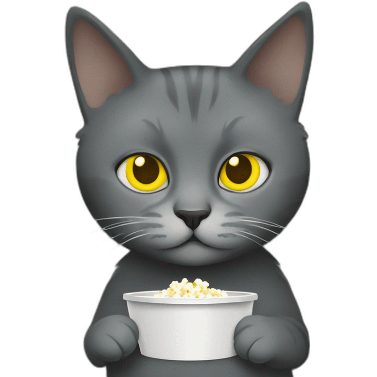 Grey Russian cat with honey yellow like eyes tucked with a dark wood like green Pendleton Navajo like blanket eating popcorn while watching a horror movie emoji