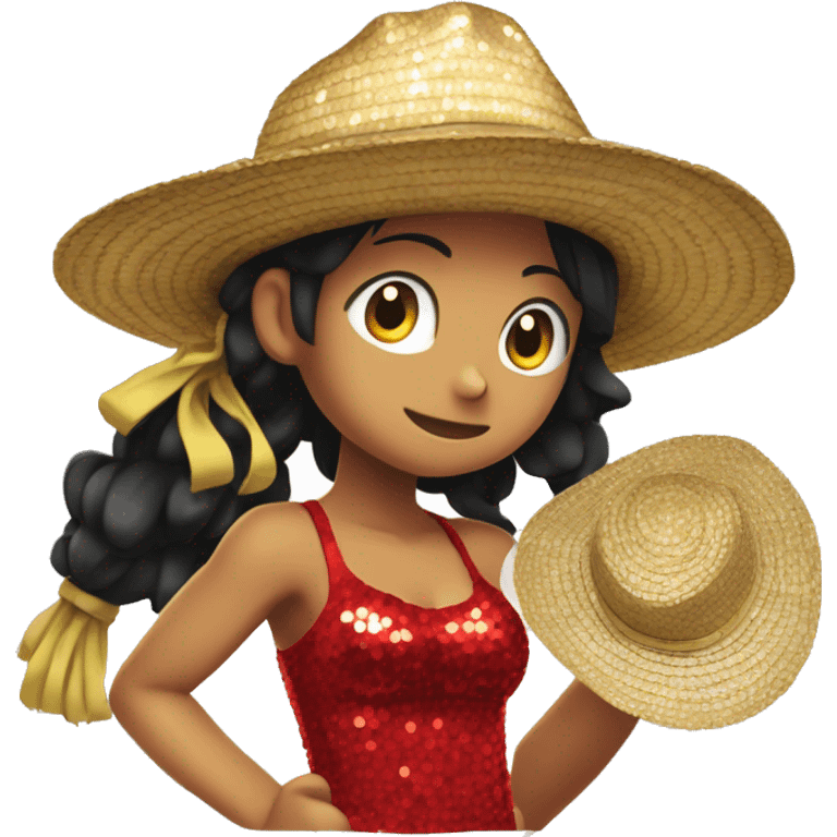 Girl in red sequined dress wearing Luffy's straw hat emoji