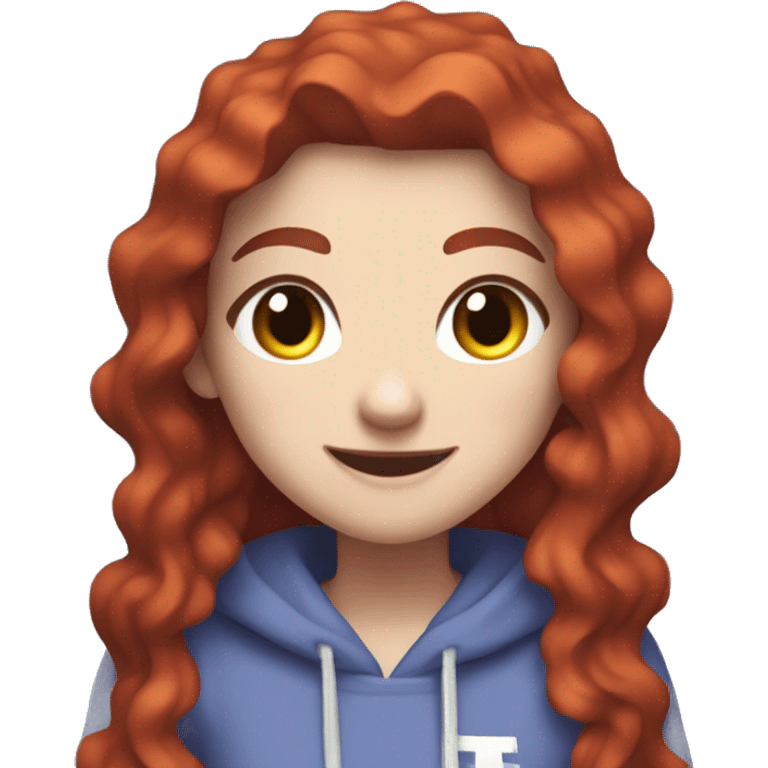 a white girl with long red curly hair and freckles, wearing periwinkle Minecraft hoodie playing a videogame smiling emoji