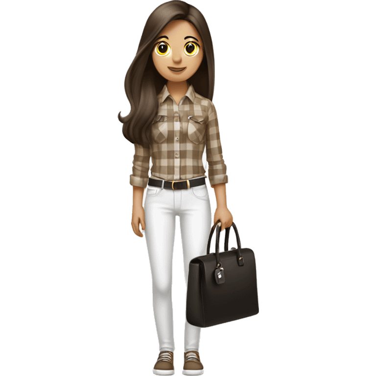 a brunette girl with long straight hair stands in a brown checkered shirt and white pants, in white headphones with a small black handbag emoji