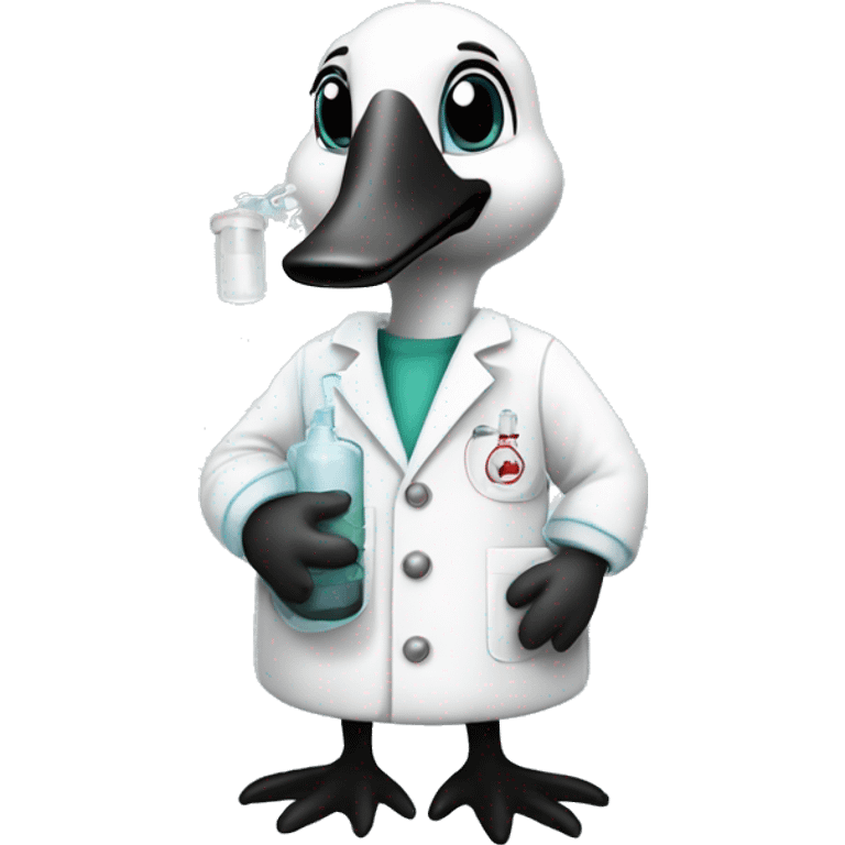 Canada goose wearing chemistry lab coat and has flask with chemicals emoji