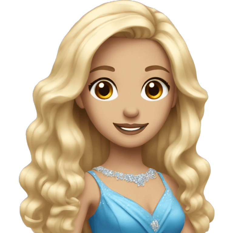 pageant girl with brown eyes blonde long hair and a pretty blue dress emoji